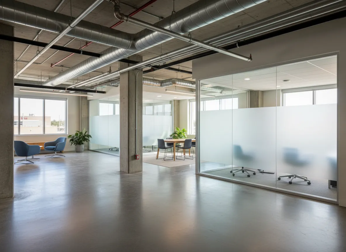 Open commercial office space with exposed ductwork and glass-walled meeting rooms