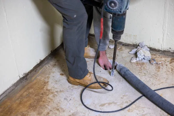 Installer using a hammer drill to cut a suction hole in a basement floor for a radon system