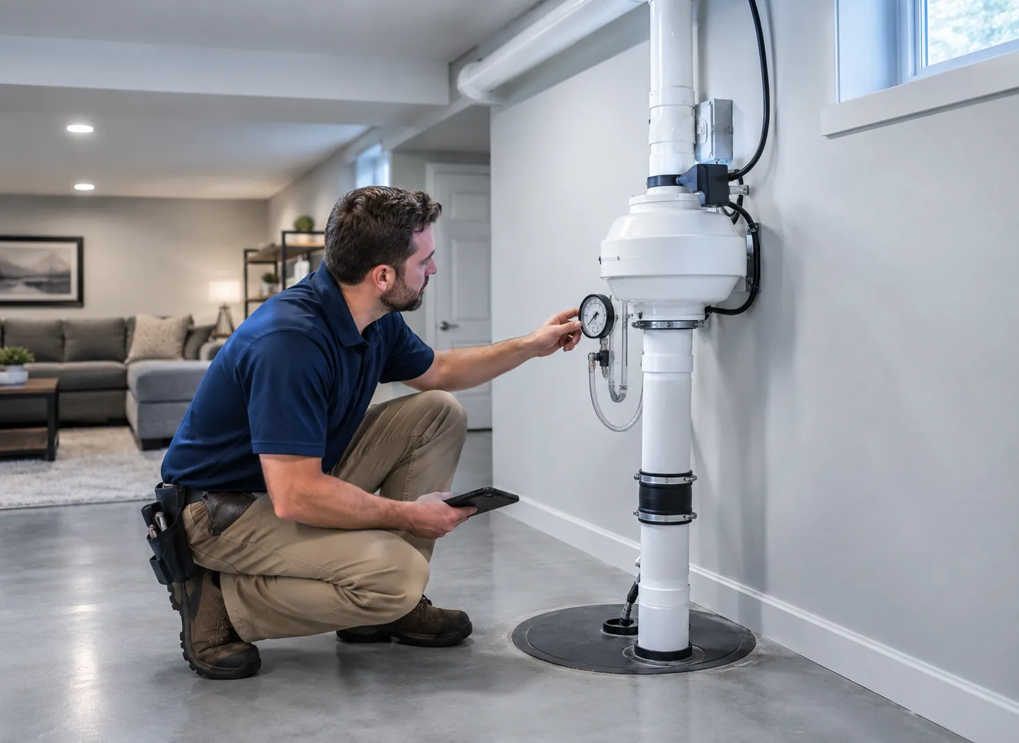 Technician checking the gauge on an installed radon mitigation system in a finished basement