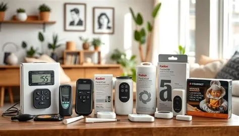 Assortment of radon detectors and home radon test kits on a table